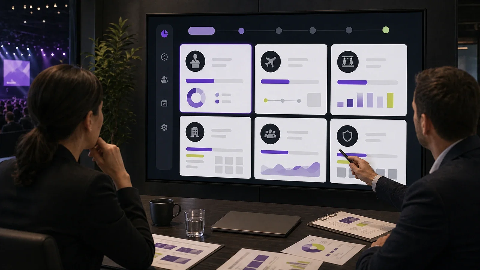 Event team reviewing keynote speaker budget categories on a conference planning screen
