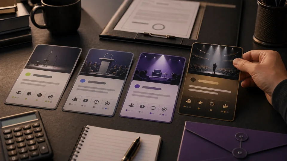 Keynote speaker pricing tier cards used to compare event speaker fee ranges