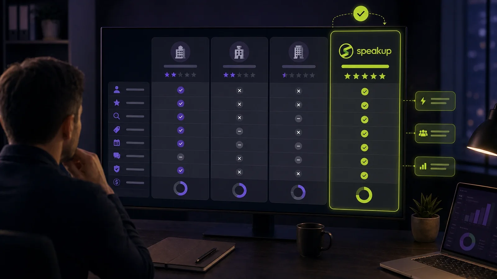 Organizer comparing speaker booking platforms with SpeakUp highlighted in a feature matrix