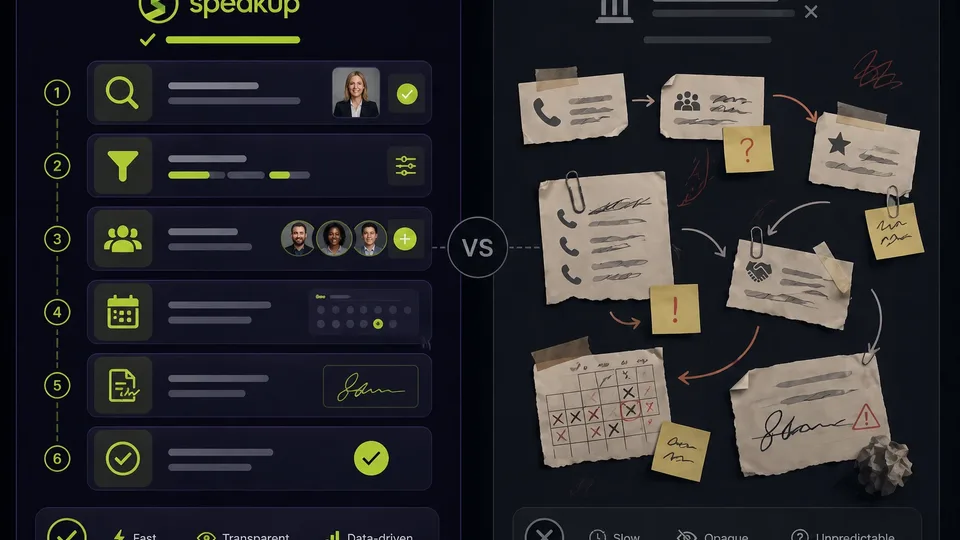 SpeakUp platform workflow compared with a slower bureau-style speaker booking process