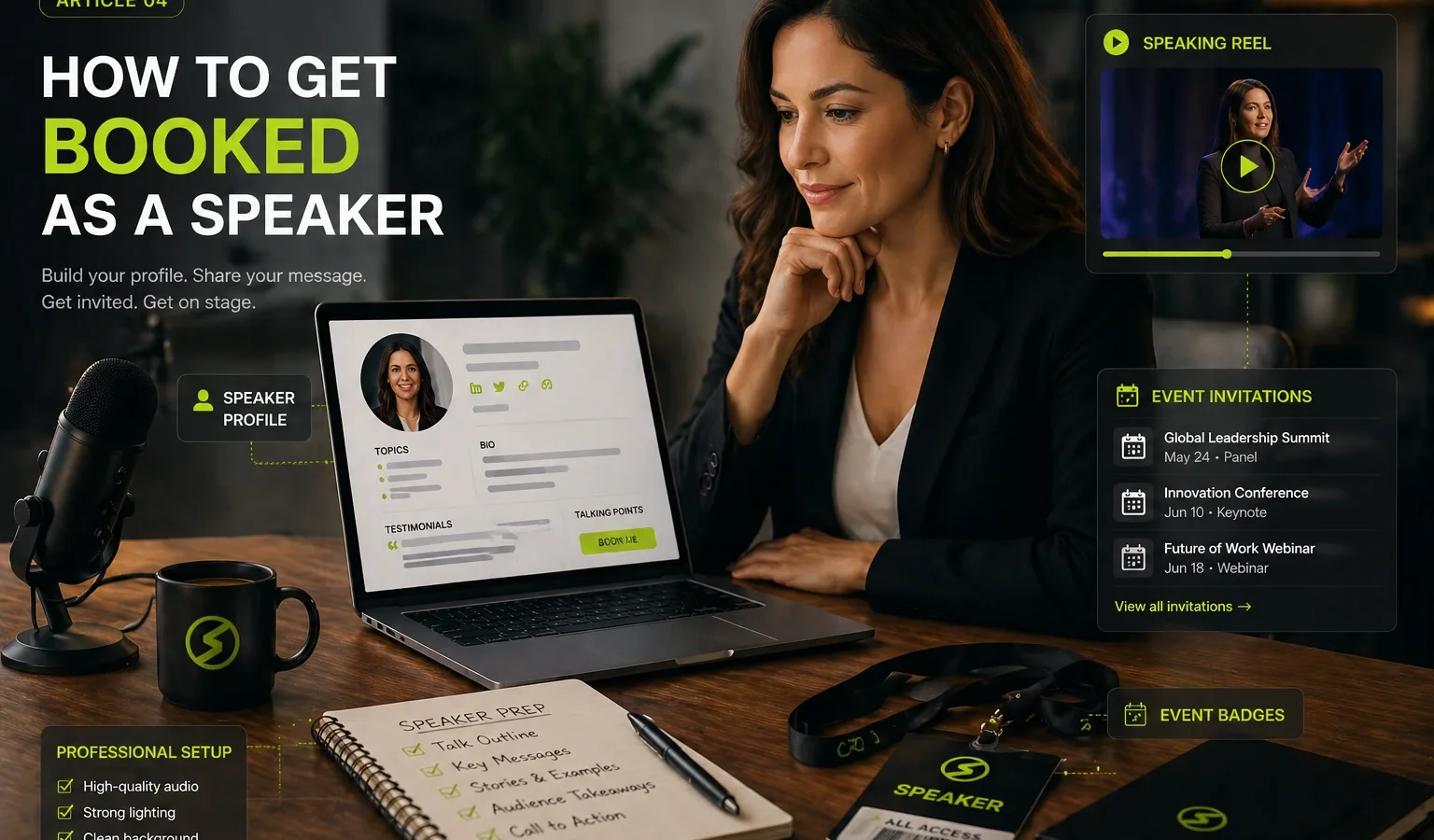 Professional speaker preparing a profile, speaking reel, event invitations, and setup to get booked