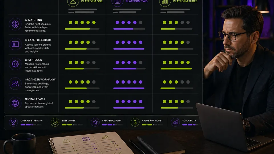 Feature comparison matrix for AI matching, speaker directory, CRM tools, workflow, and reach