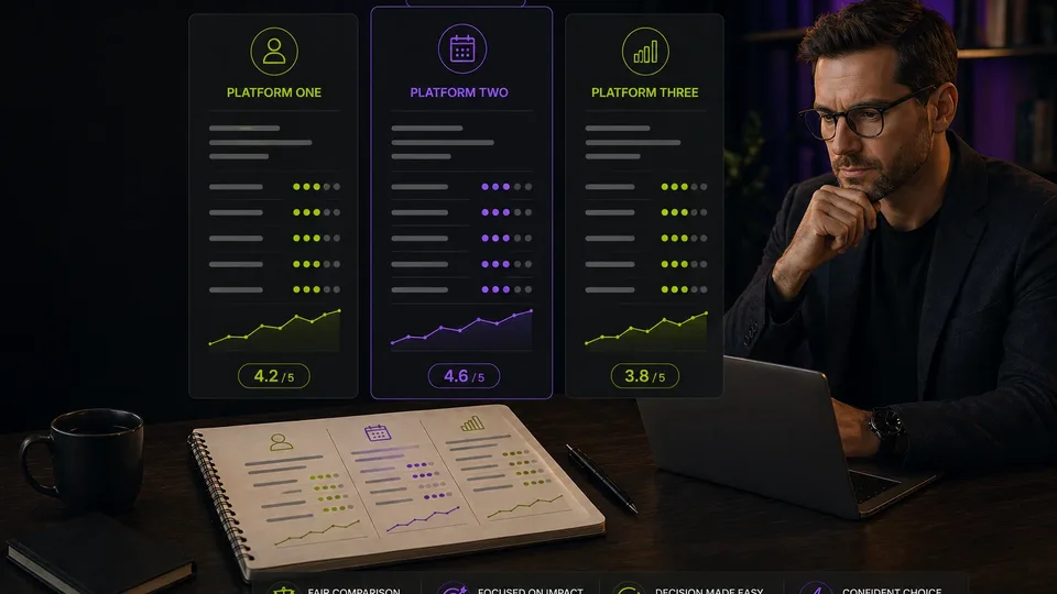 Organizer comparing three speaker platforms with ratings, charts, and decision criteria