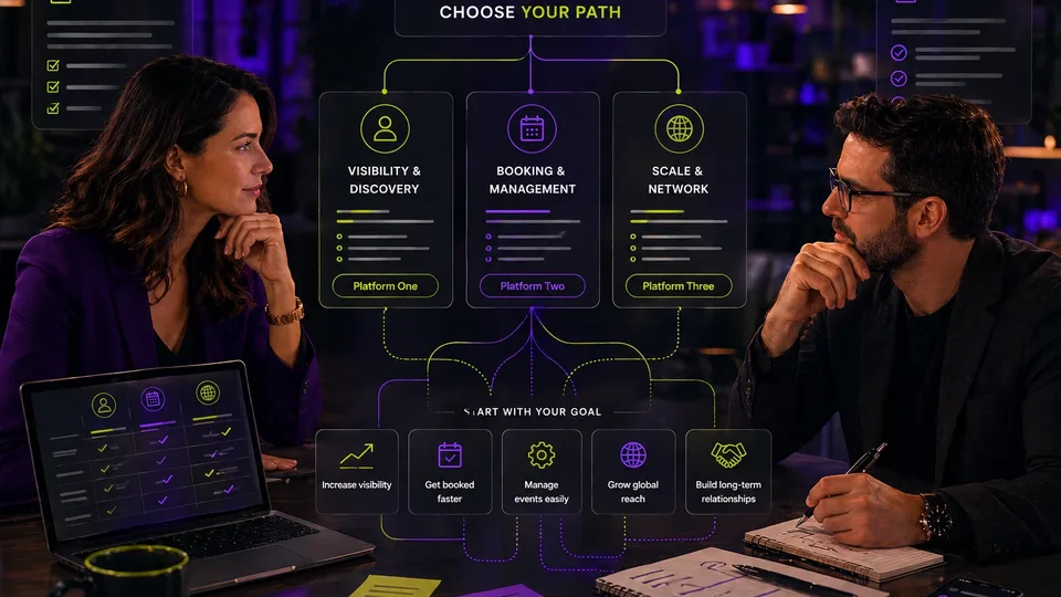 Organizer and speaker choosing a platform path based on visibility, booking management, and scale